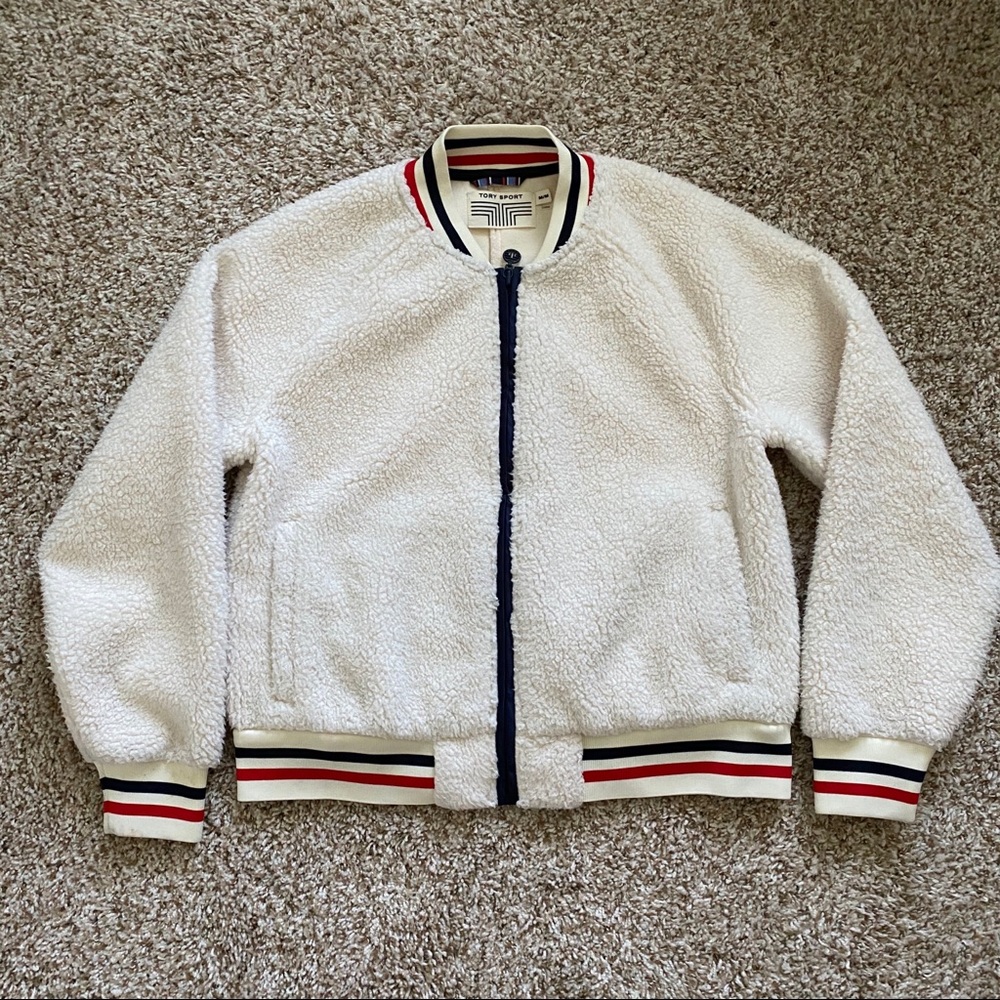 Tory Sport Zip-Front Sherpa Bomber Jacket